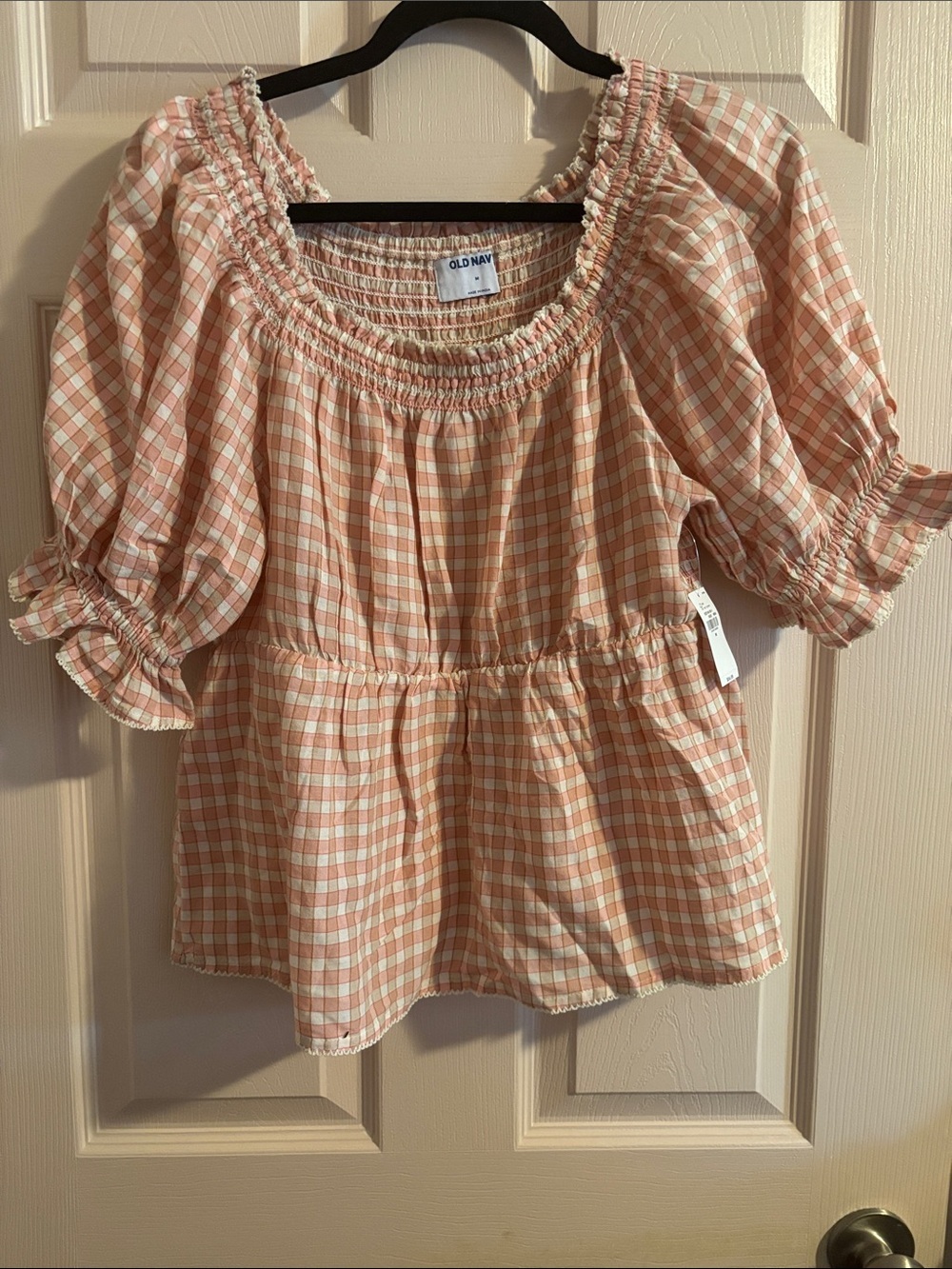 Old Navy Peach & White Gingham Smocked Peasant Top